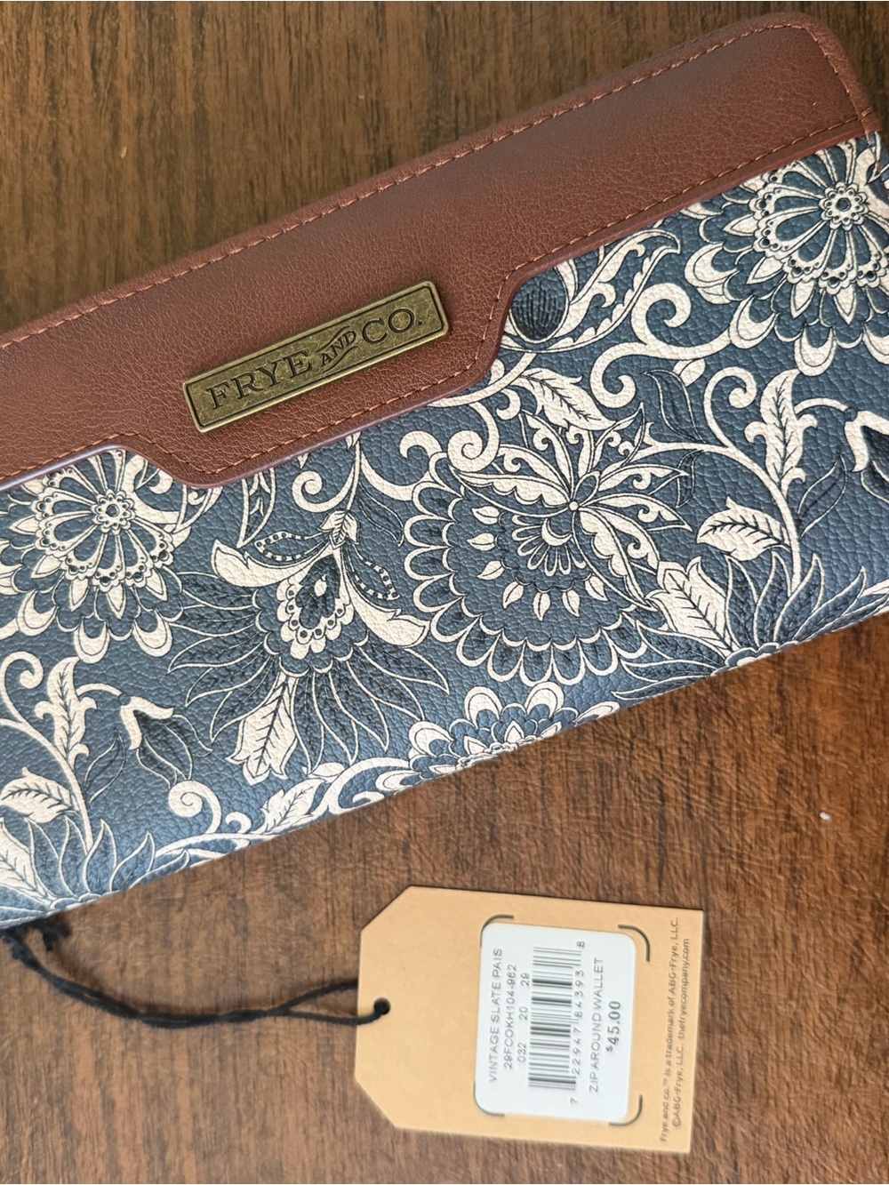 FRYE AND CO. Navy Floral Leather Zip Wallet with Brown Trim